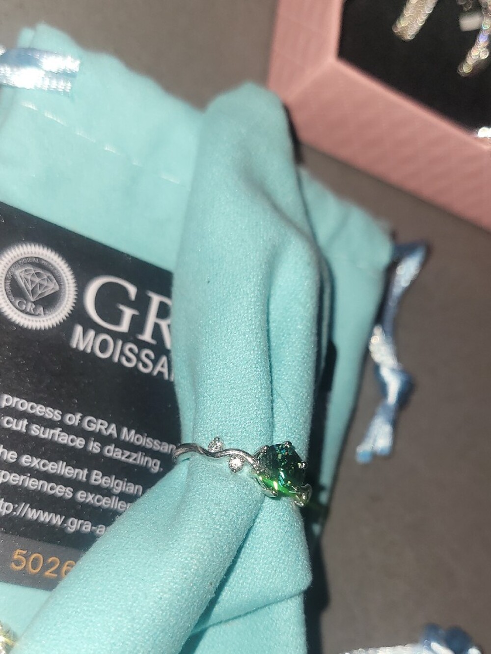 Silver Ring with Green Stone and Accent Moissanite Stones - Picture 3 of 3